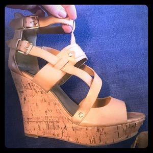 G by Guess Beige & Gold Accent Wedge Sandals